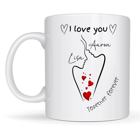 White mug with a design of two faces kissing and text 'I love you Aaron Lisa Together Forever' on a white background