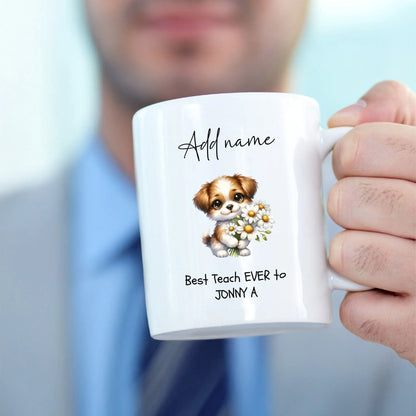 Personalised teacher thank you mug with colourful animal design