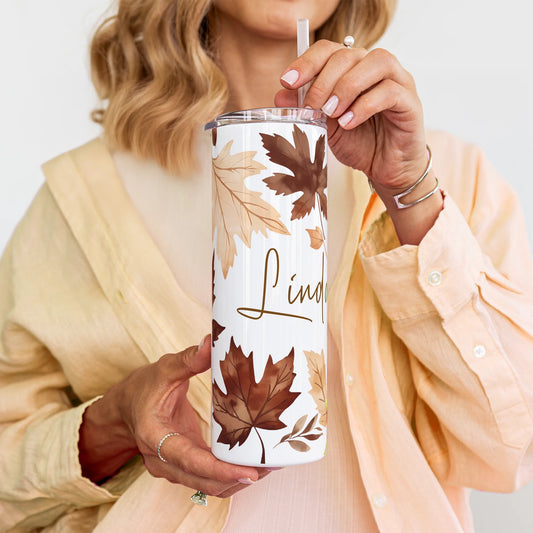Personalised autumn leaves tumbler on white background