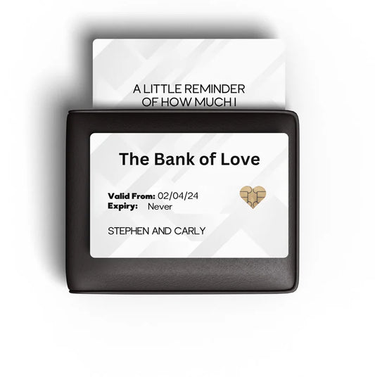 wallet with a card inside labelled 'The Bank of Love' on a white background