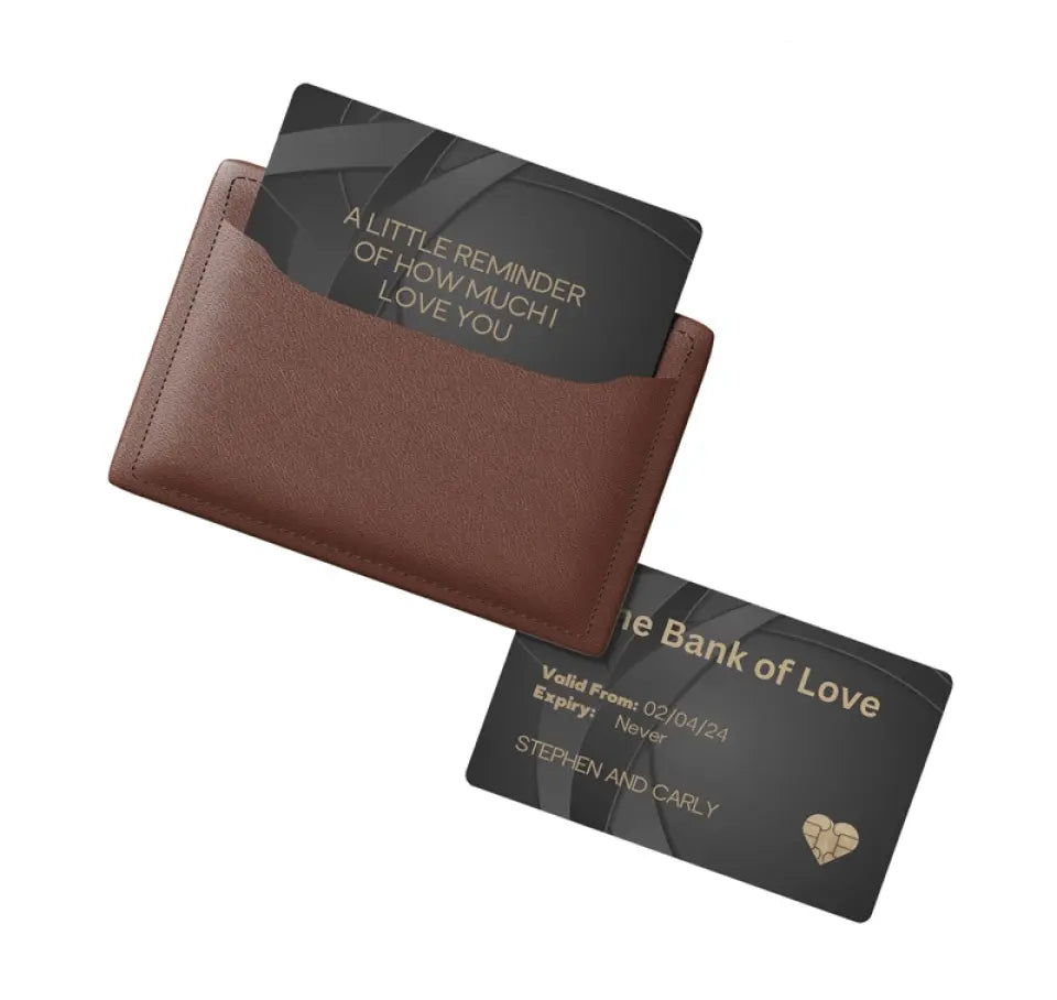 bank of love with message gift in a brown wallet