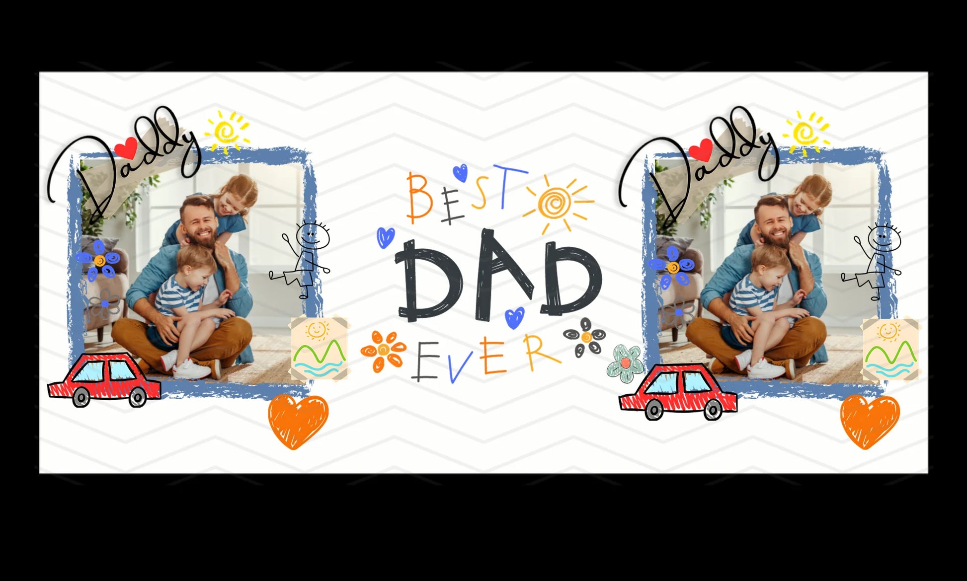 Design with 'Best Dad Ever' text and images of a father and child, surrounded by decorative elements.