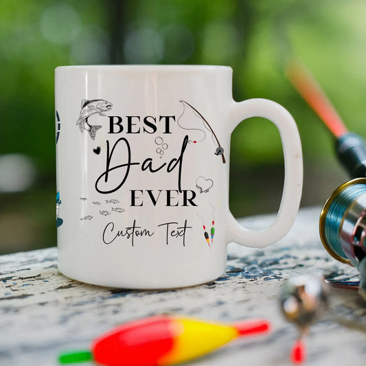 Close-up of personalised fishing dad mug with message