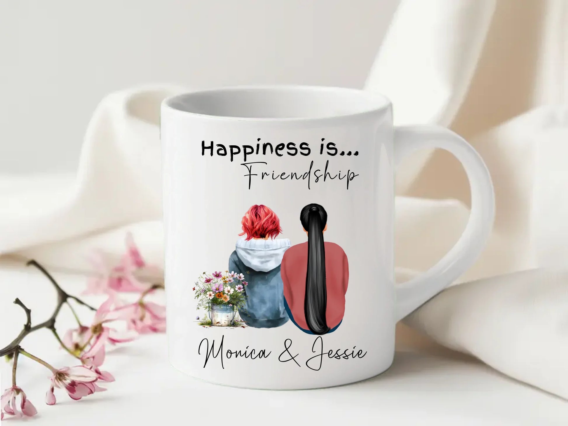 Customised mug with two girls sitting side by side