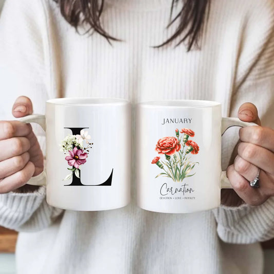 Personalised birth flower mug with initial