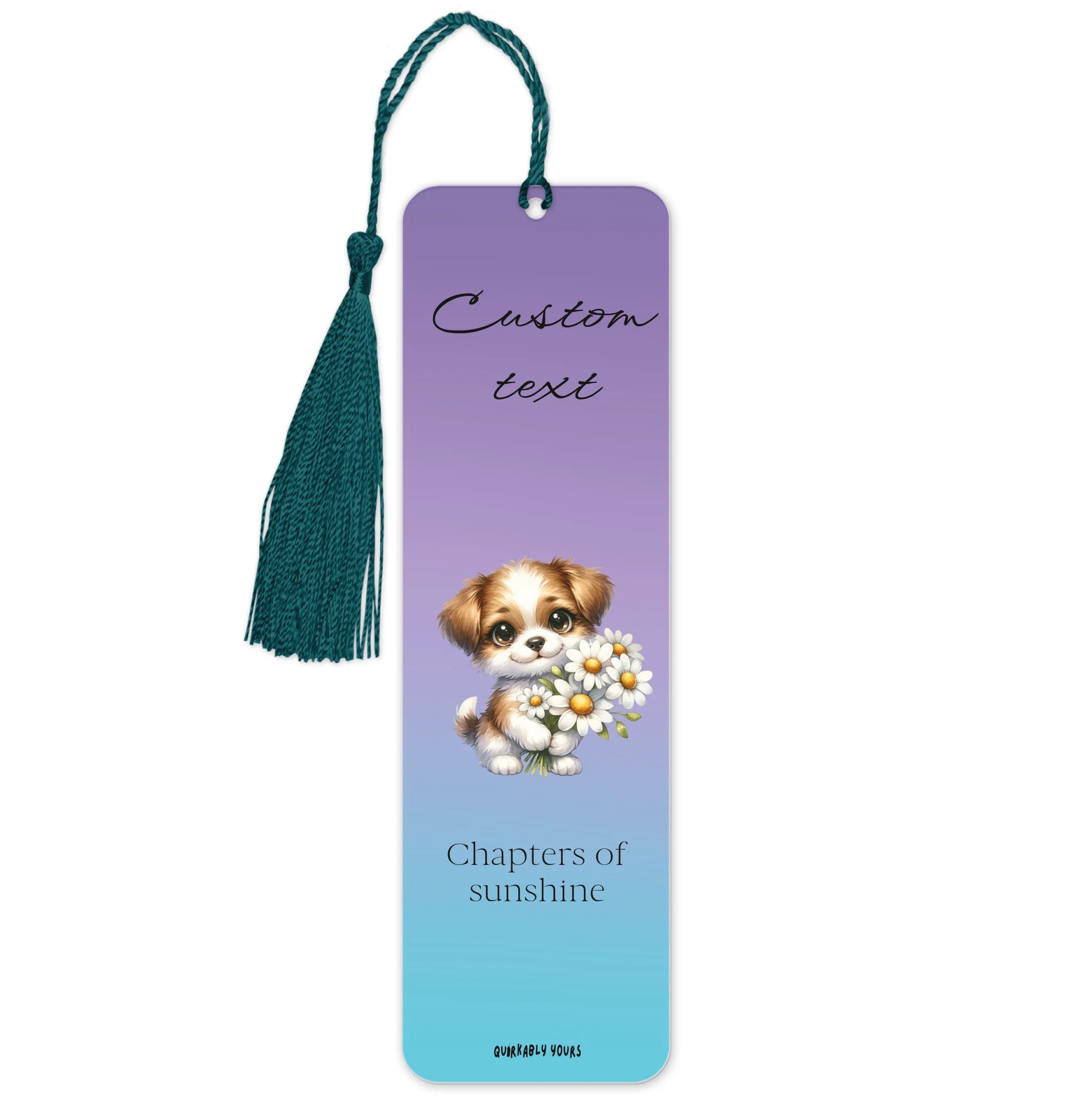 Bookmark with a dog illustration and text on a purple and blue gradient background Personalised gift for book lover