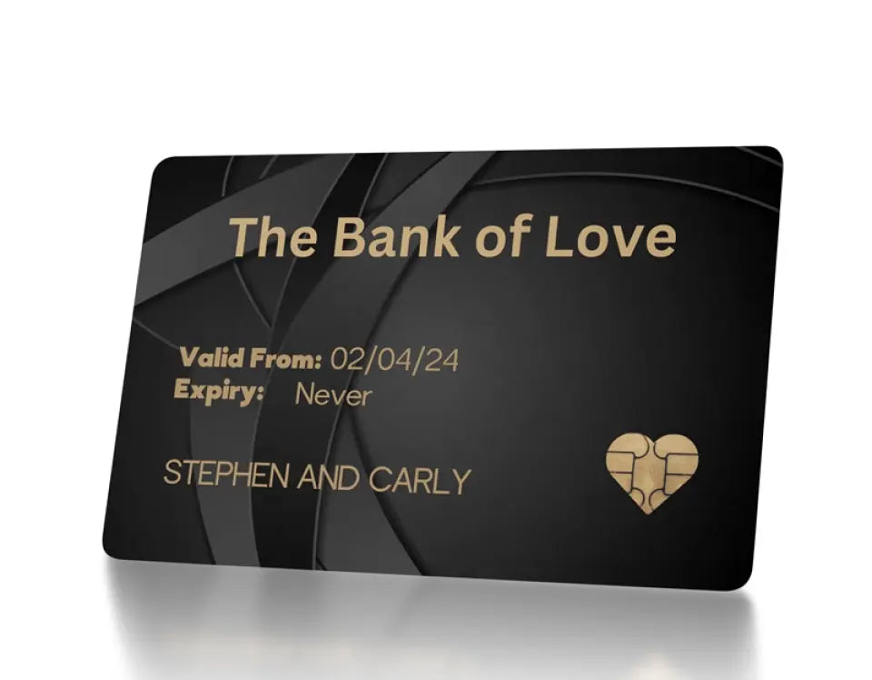 black and gold bank of love present card gold writing
