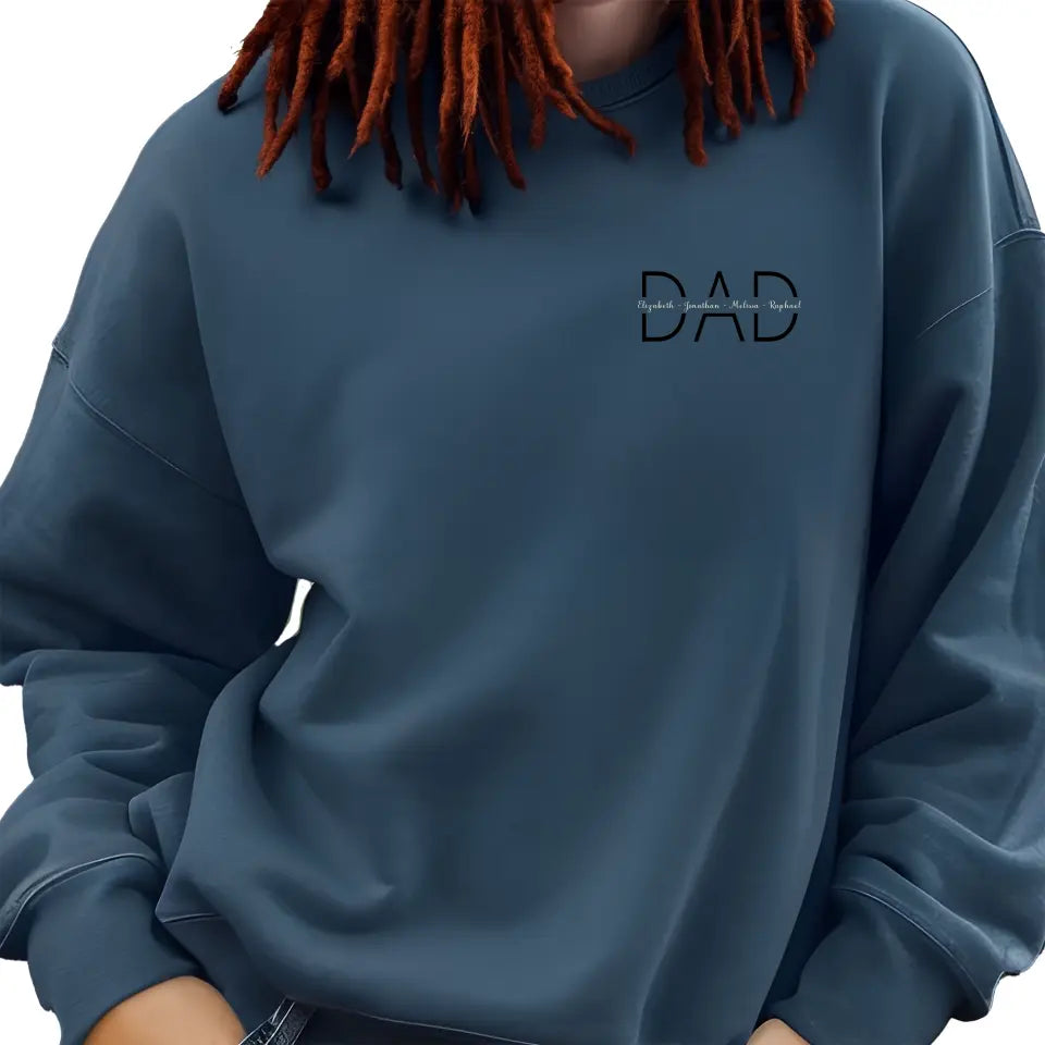 blue personalised dad sweatshirt with custom motiff with kids names