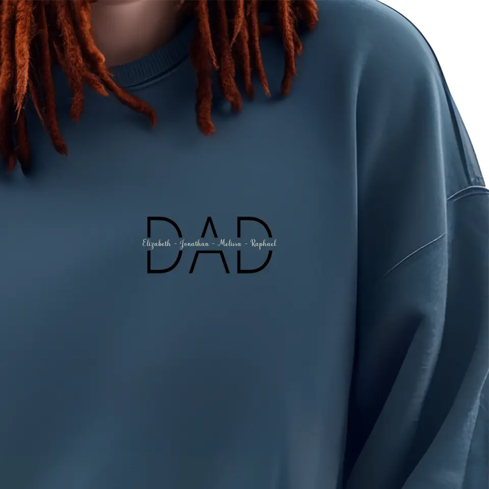 Indigo blue blue personalised dad sweatshirt with custom motiff with kids names close up