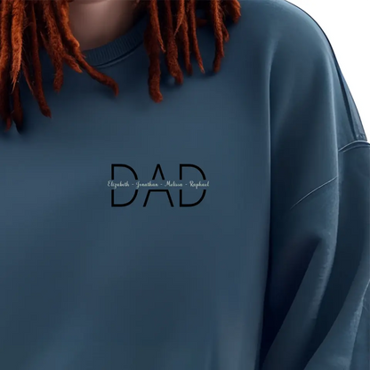 Indigo blue blue personalised dad sweatshirt with custom motiff with kids names close up