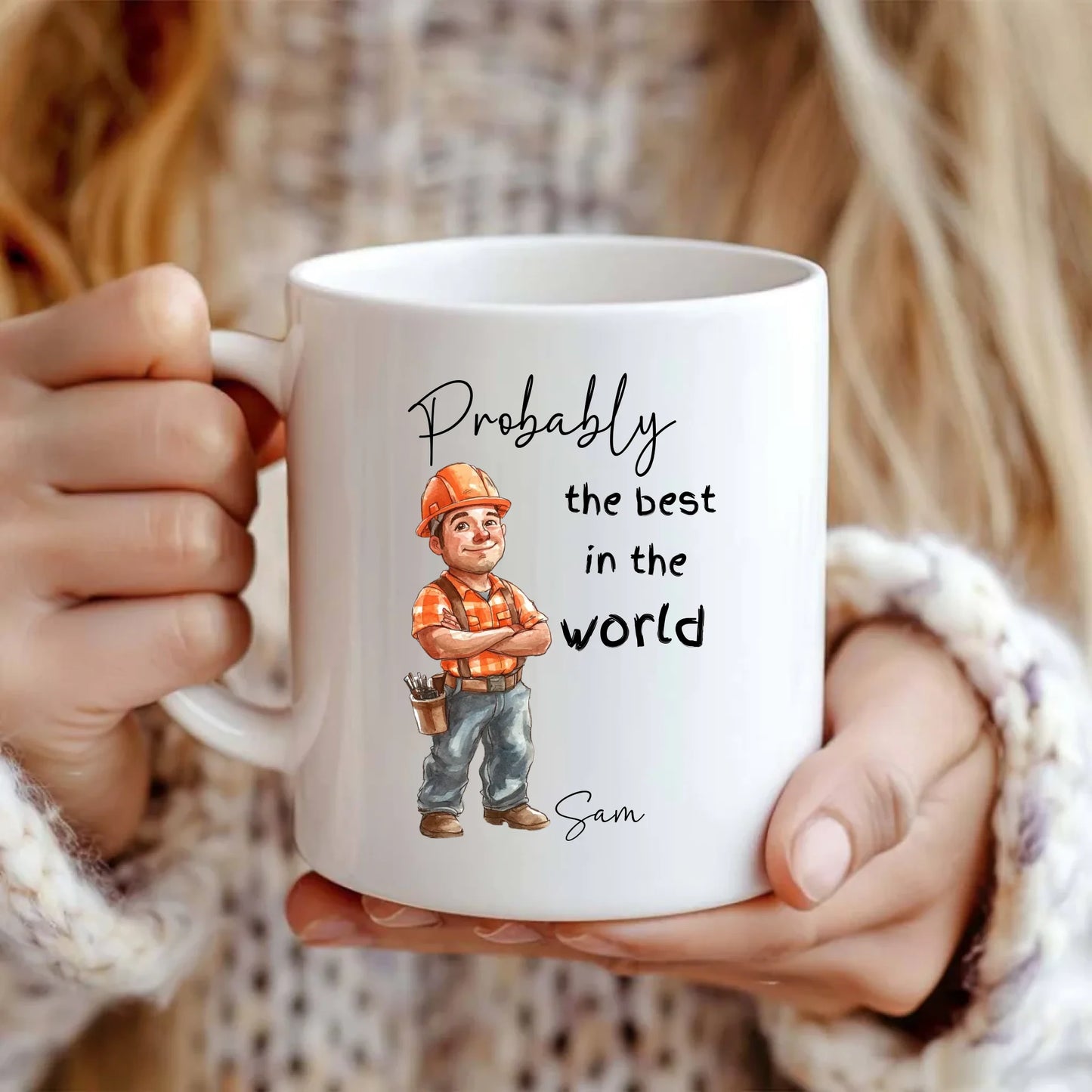Construction worker mug with builder illustration and custom text