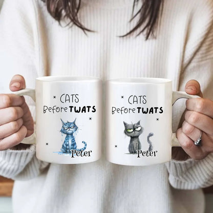 Cat mug with multiple feline illustrations