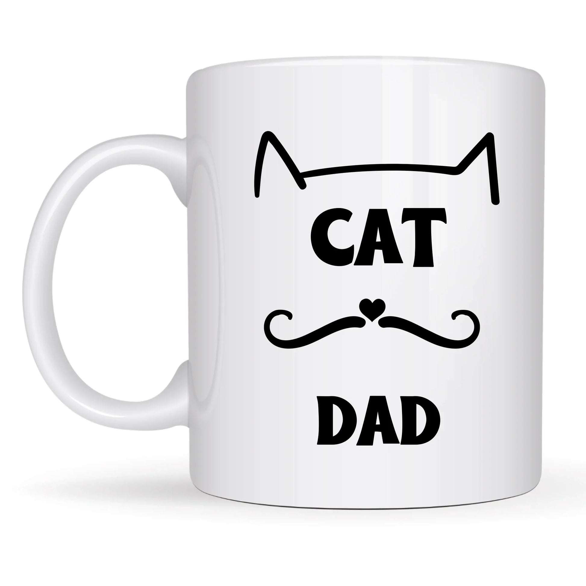 Cat-themed mug with heart-shaped nose and text "Cat Dad"