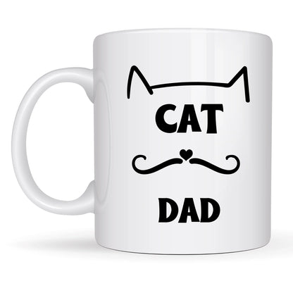 Cat-themed mug with heart-shaped nose and text "Cat Dad"