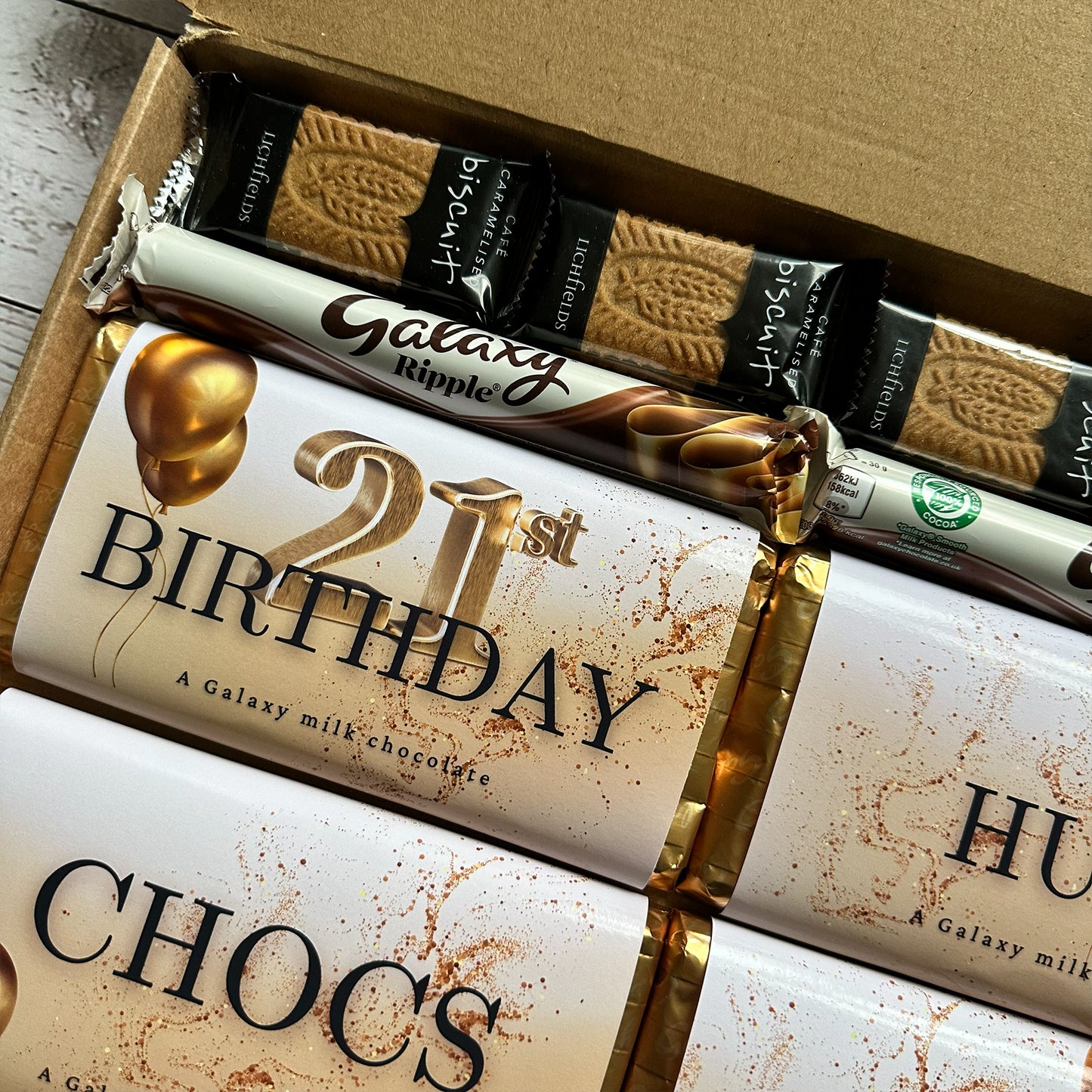 Box of Galaxy chocolate bars with '21st Birthday Chocs' birthday gift set