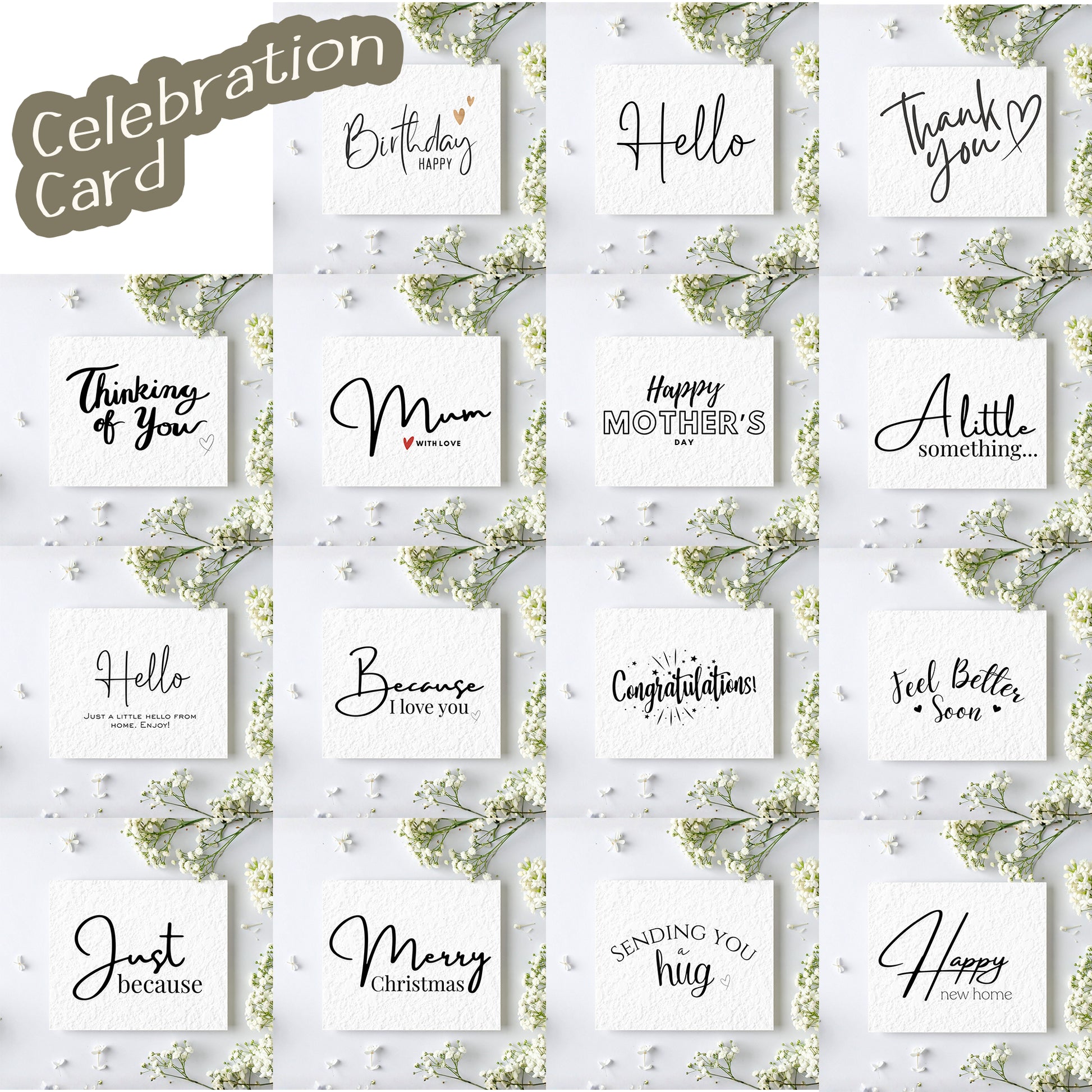 Collection of small greeting cards with various messages and floral decorations on a light background.