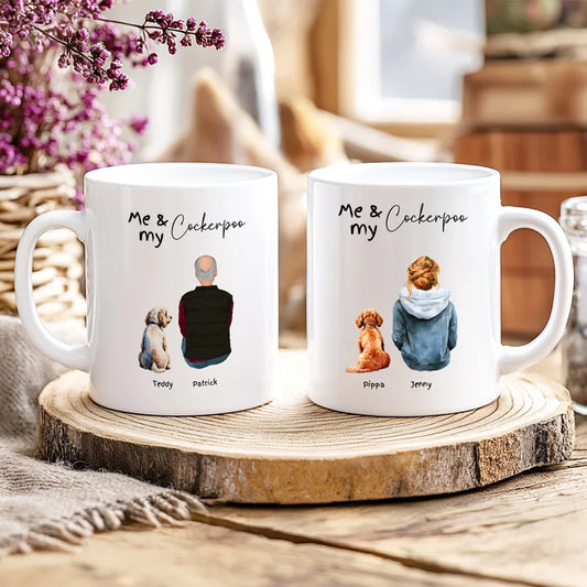 Personalised mug with a Cockerpoo and owner illustration