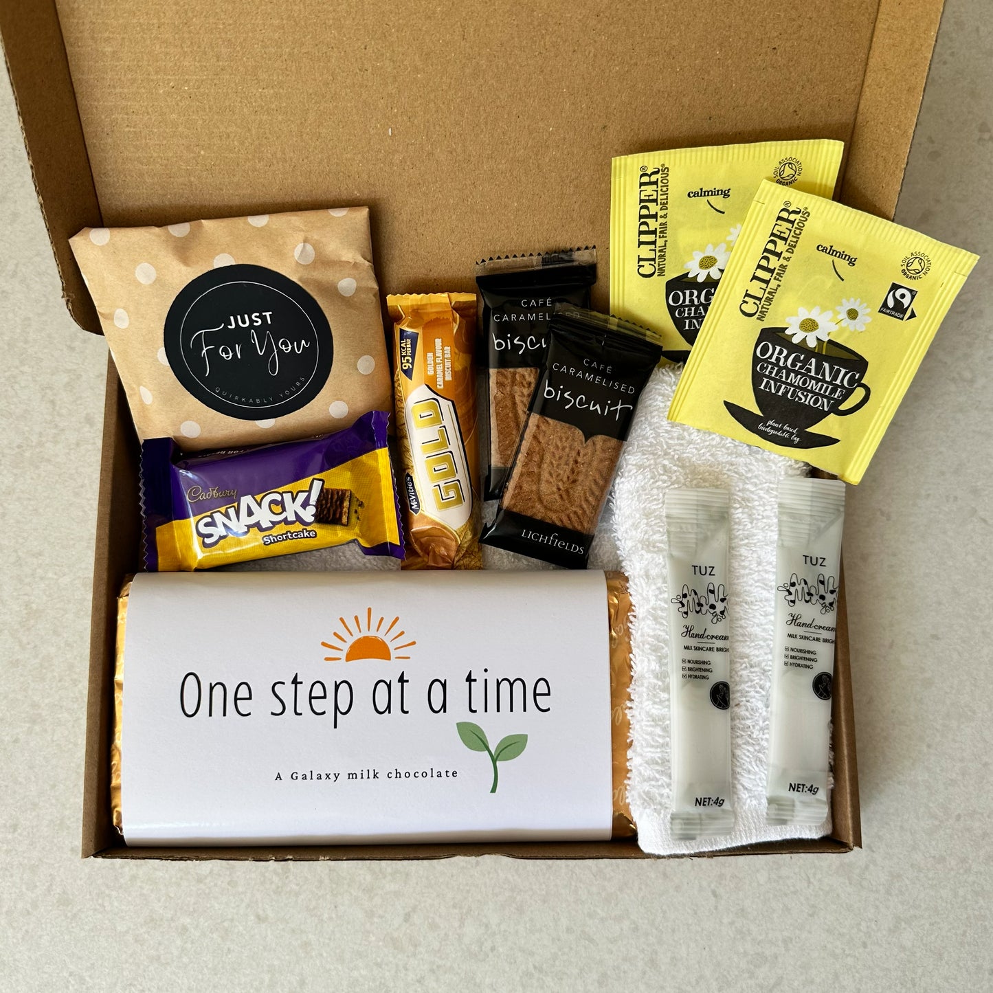 Comfort chocolate gift set UK with uplifting message and treats