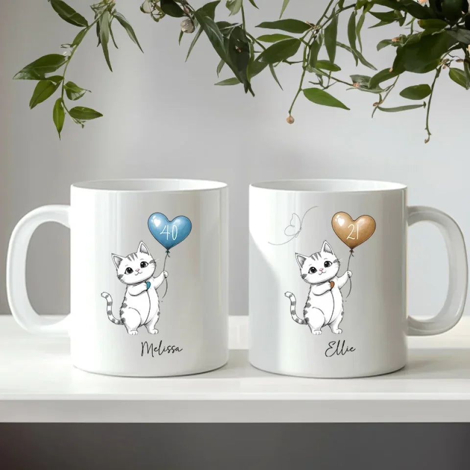 Custom age Cat mug with balloon