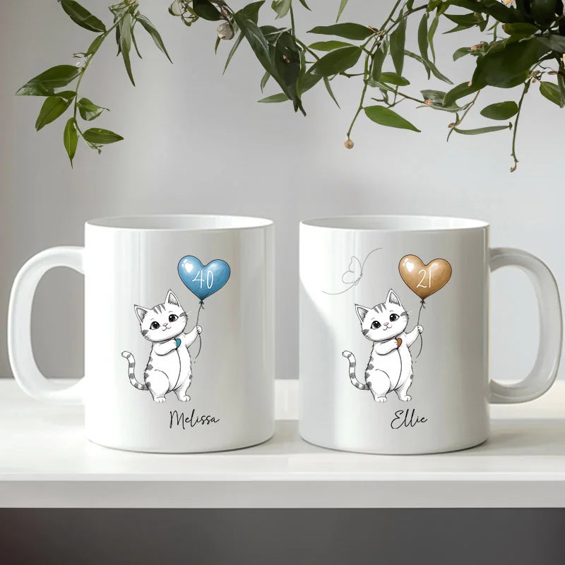 Custom age cat mug with balloon