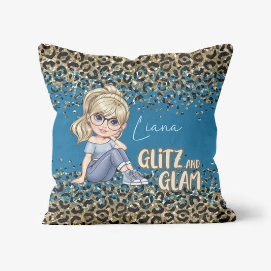 Personalised glitter effect leopard cartoon lady cushion