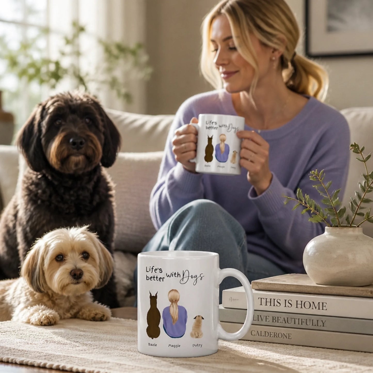 Custom dog mum Mug featuring personalised dog breeds, names and owner illustration.