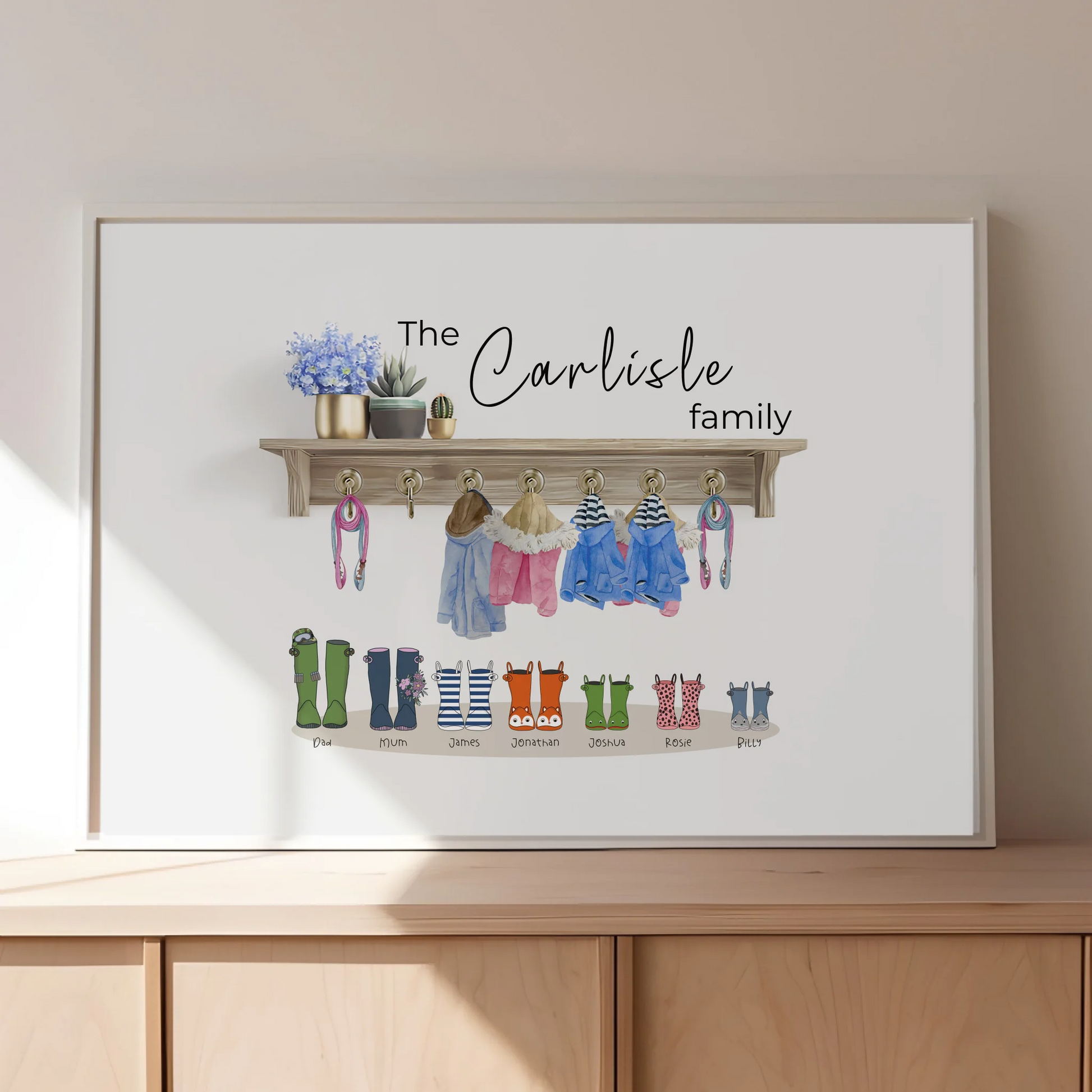 Family illustration with personalised boots and coats