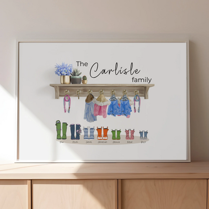 Family illustration with personalised boots and coats
