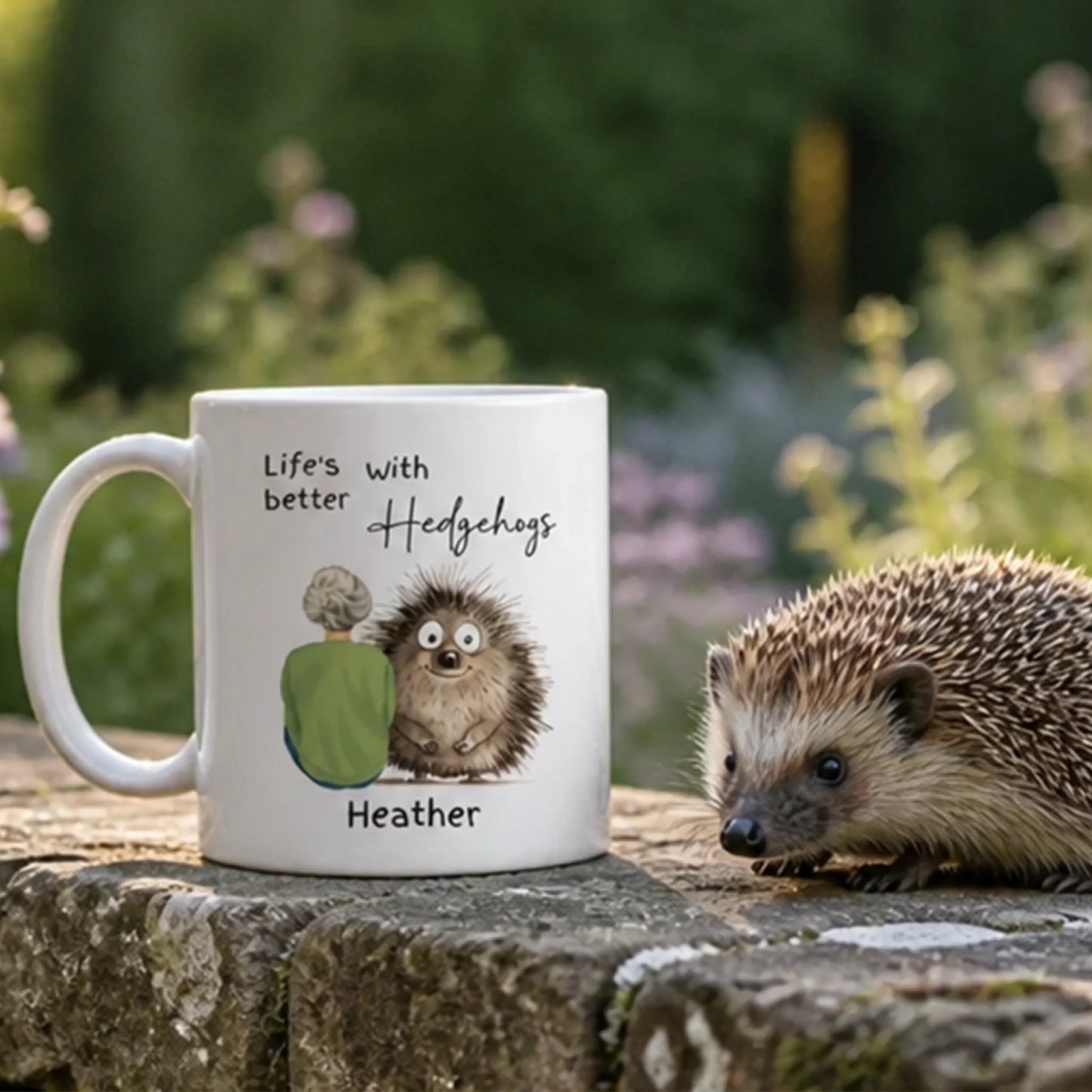 Custom hedgehog mug for wildlife lovers featuring personalised name, hairstyle and outfit colour options.