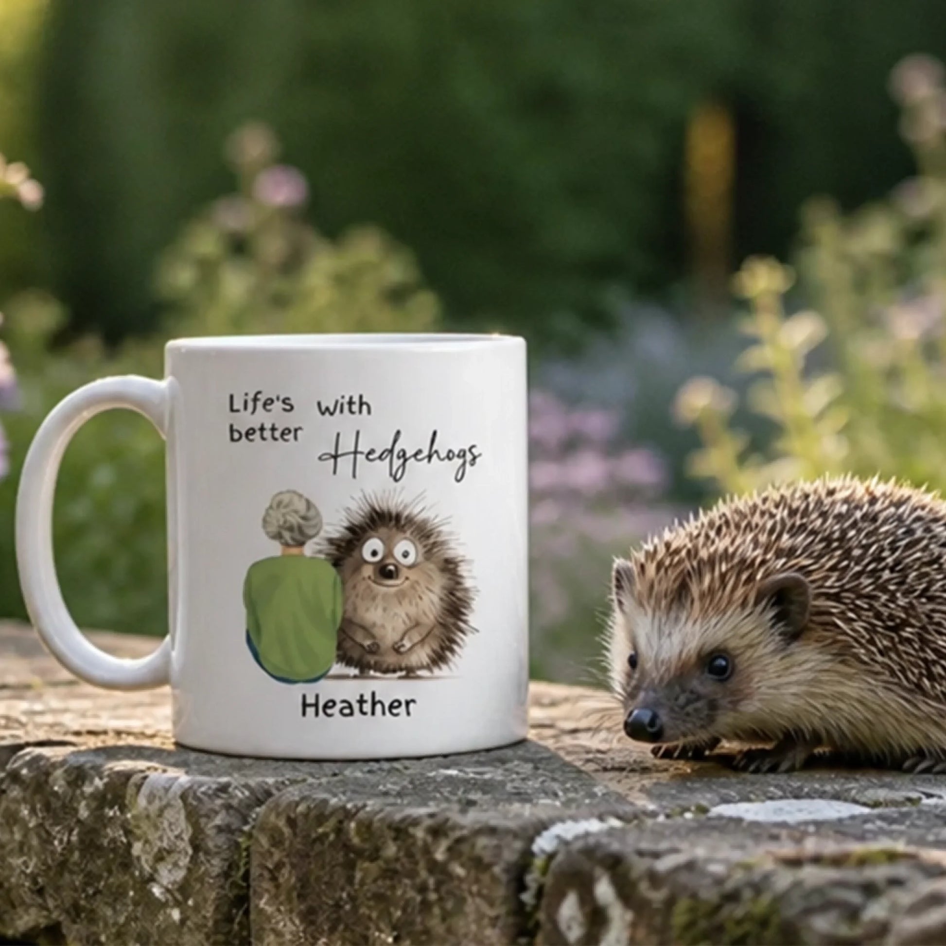 Custom hedgehog mug for wildlife lovers featuring personalised name, hairstyle and outfit colour options.