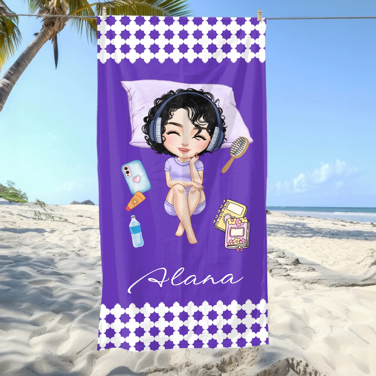 Personalised girl beach towel with headphones