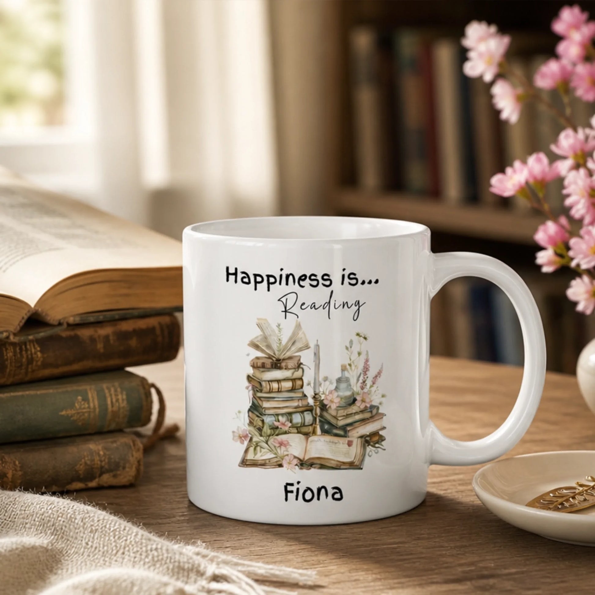 Happiness is Reading mug personalised with custom name