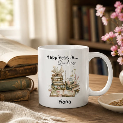 Happiness is Reading mug personalised with custom name