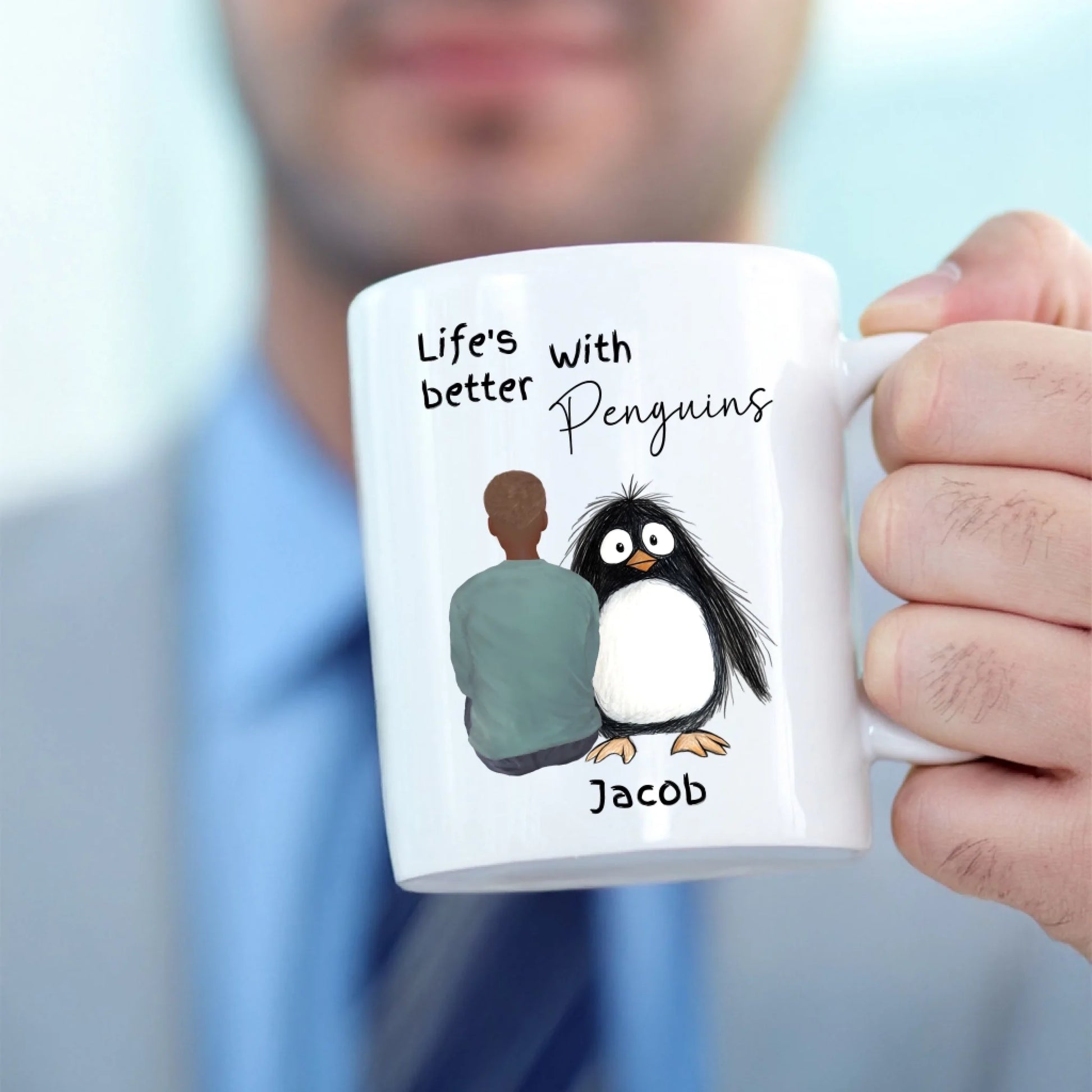 Unique gift mug featuring personalised character and penguin