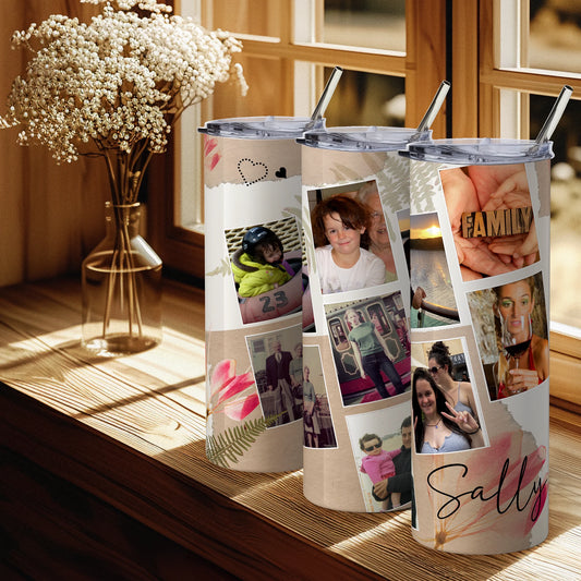 Three personalized tumblers with photo collages and names on a wooden surface.