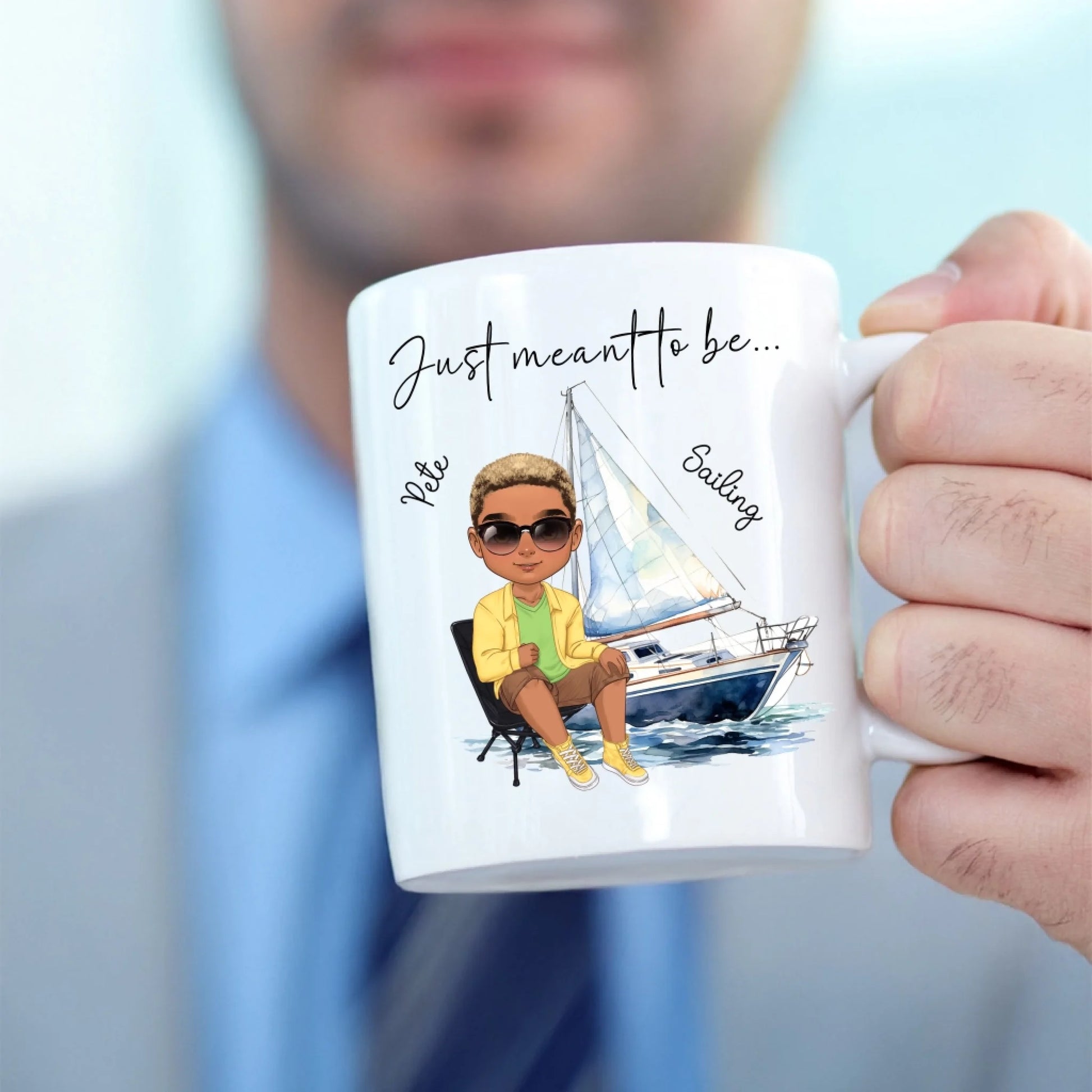 Custom sailing mug for sailors featuring personalised character and nautical design.