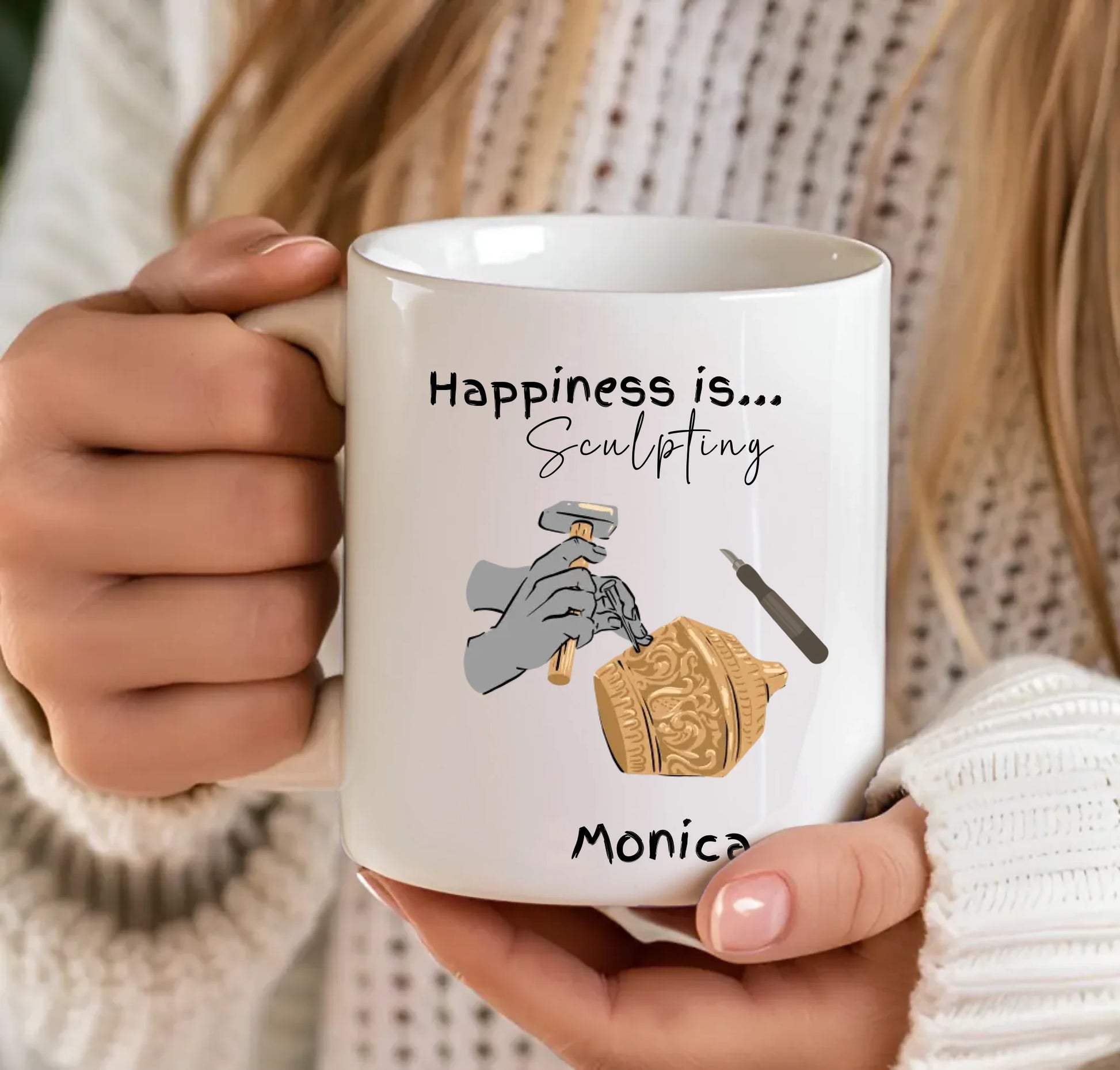 mug featuring sculpting illustrations