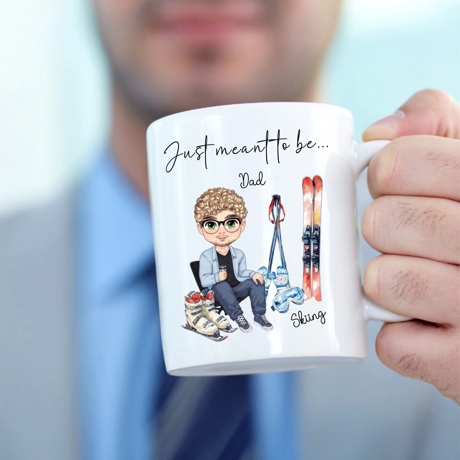 Custom skier mug personalised with name, ski clothing, skis, boots and goggles.
