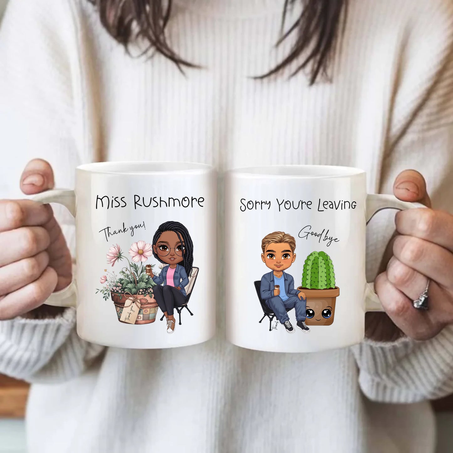 Personalised thank you mug featuring custom cartoon character design