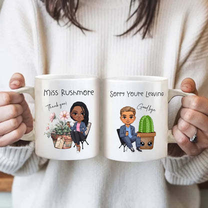 Personalised thank you mug featuring custom cartoon character design