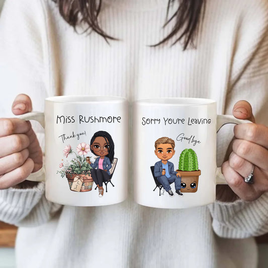 Personalised thank you mug featuring custom cartoon character design