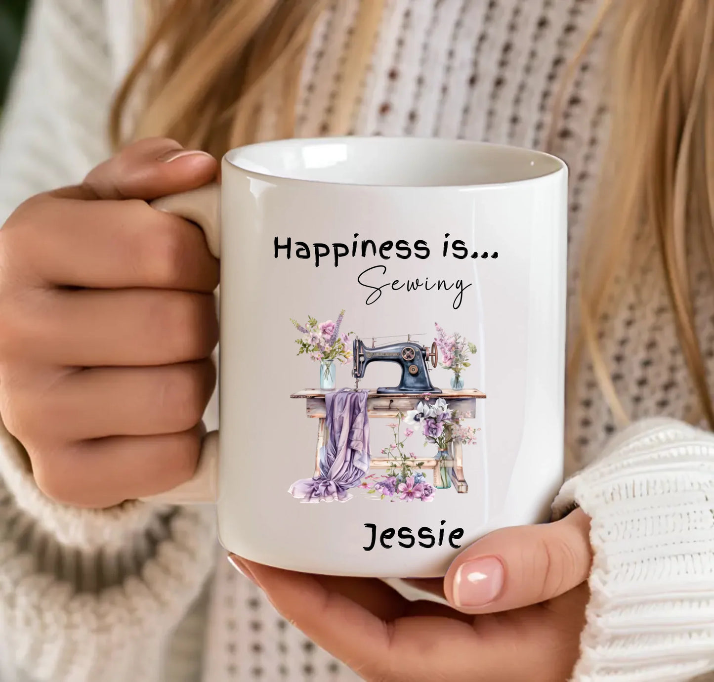 Customised mug with sewing machine illustration