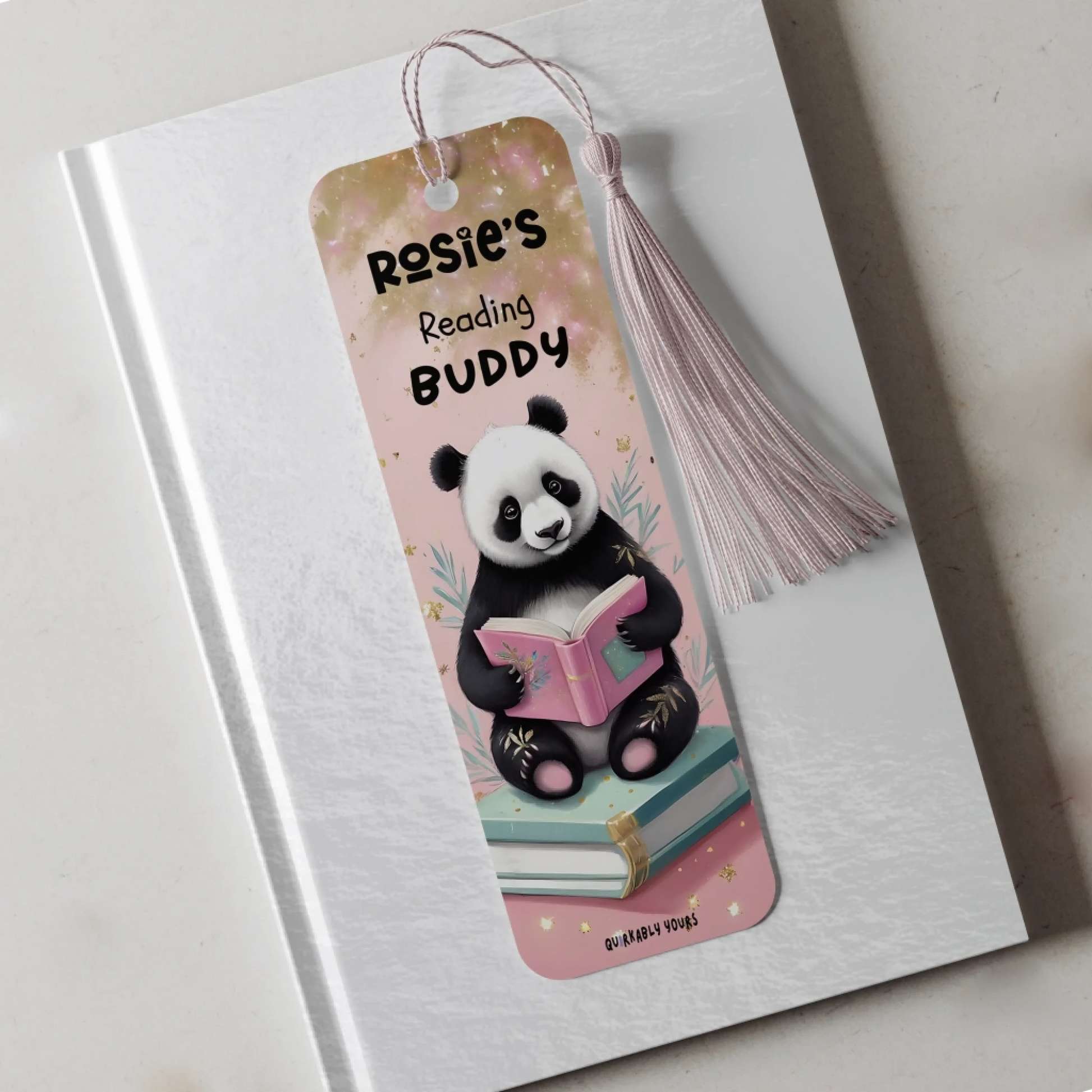 Pink personalised bookmark with cute panda design and shimmer detail