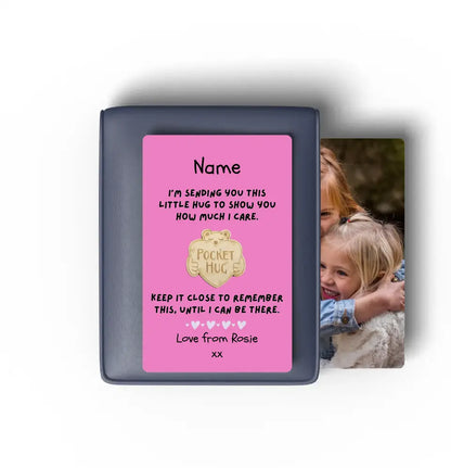 cute credit card size card with pocket hug and photo on a blue wallet