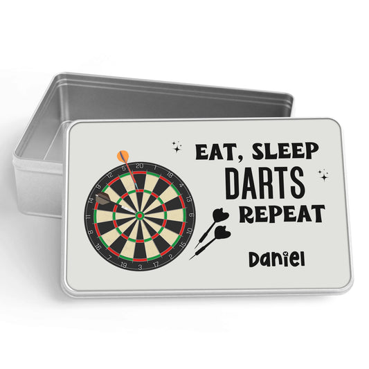 Metal tin with dartboard design and 'Eat, Sleep, Darts, Repeat' text on a white background