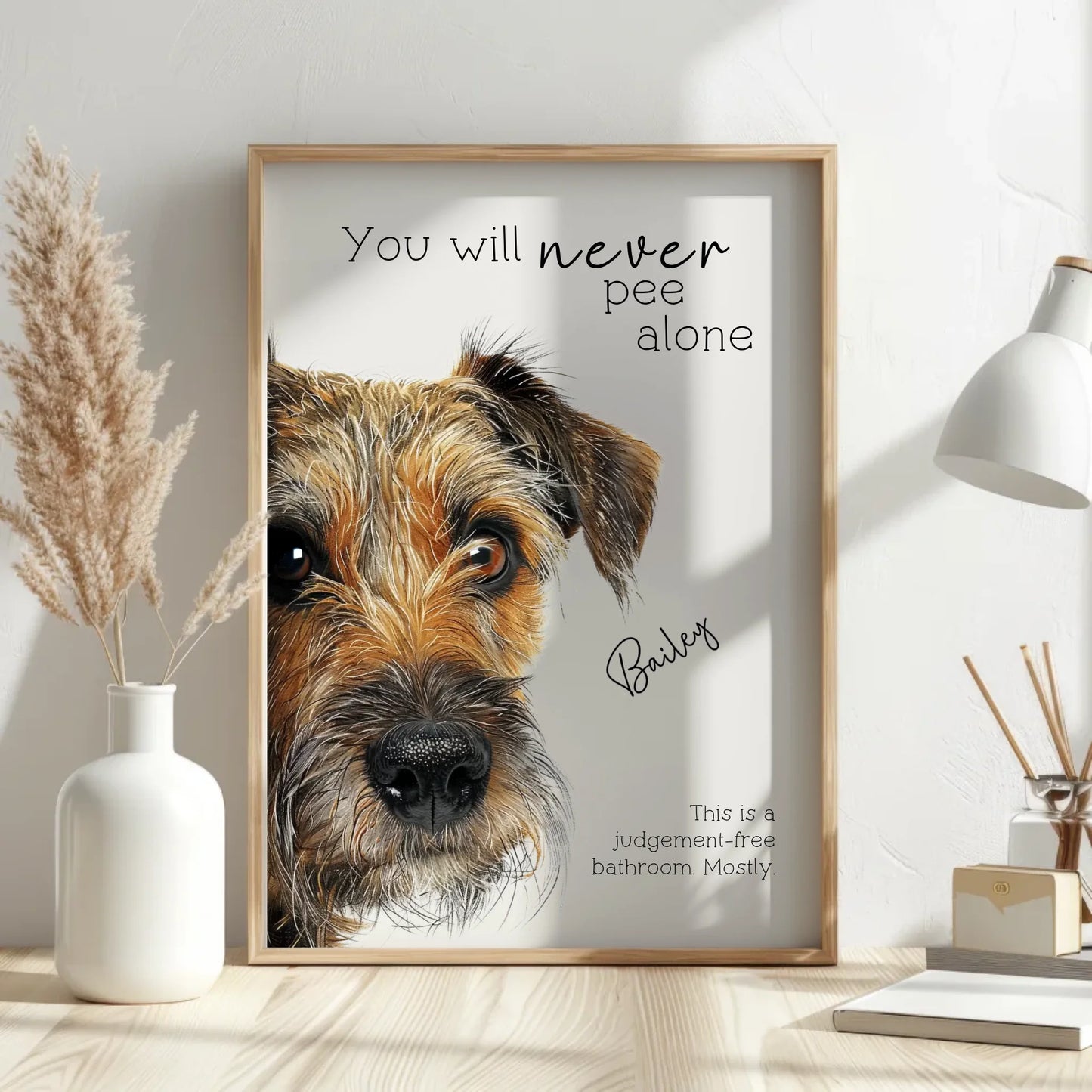 quirky bathroom wall art with dog illustration