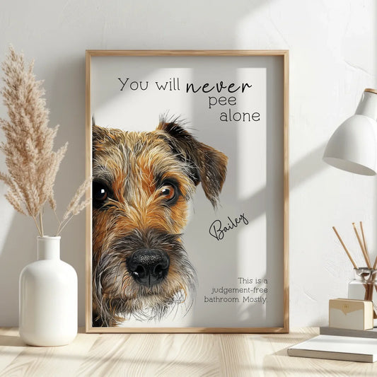 quirky bathroom wall art with dog illustration