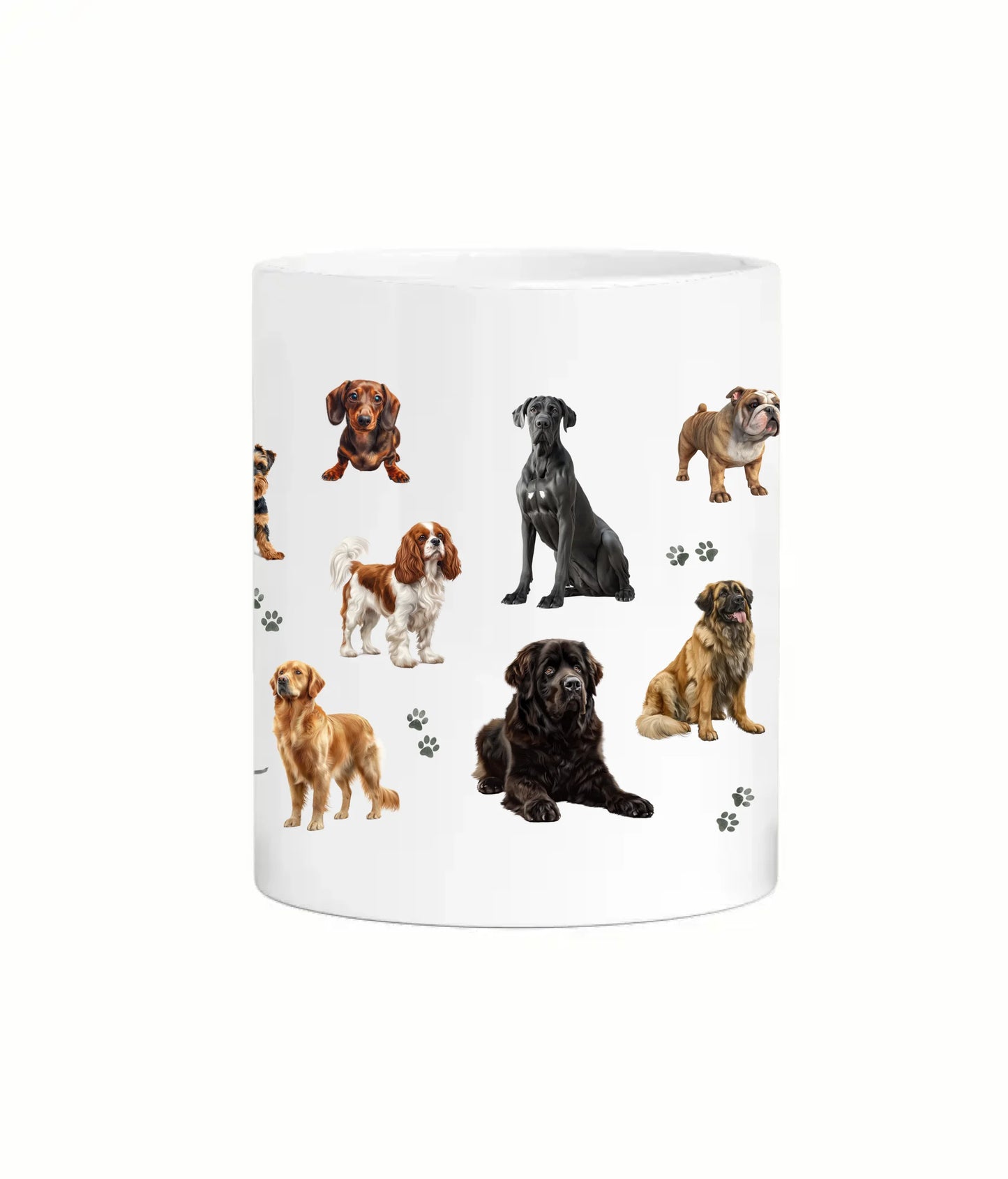 Custom mug with dog breeds and paw prints