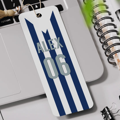 Custom football bookmark with team colours for reading fans in the UK