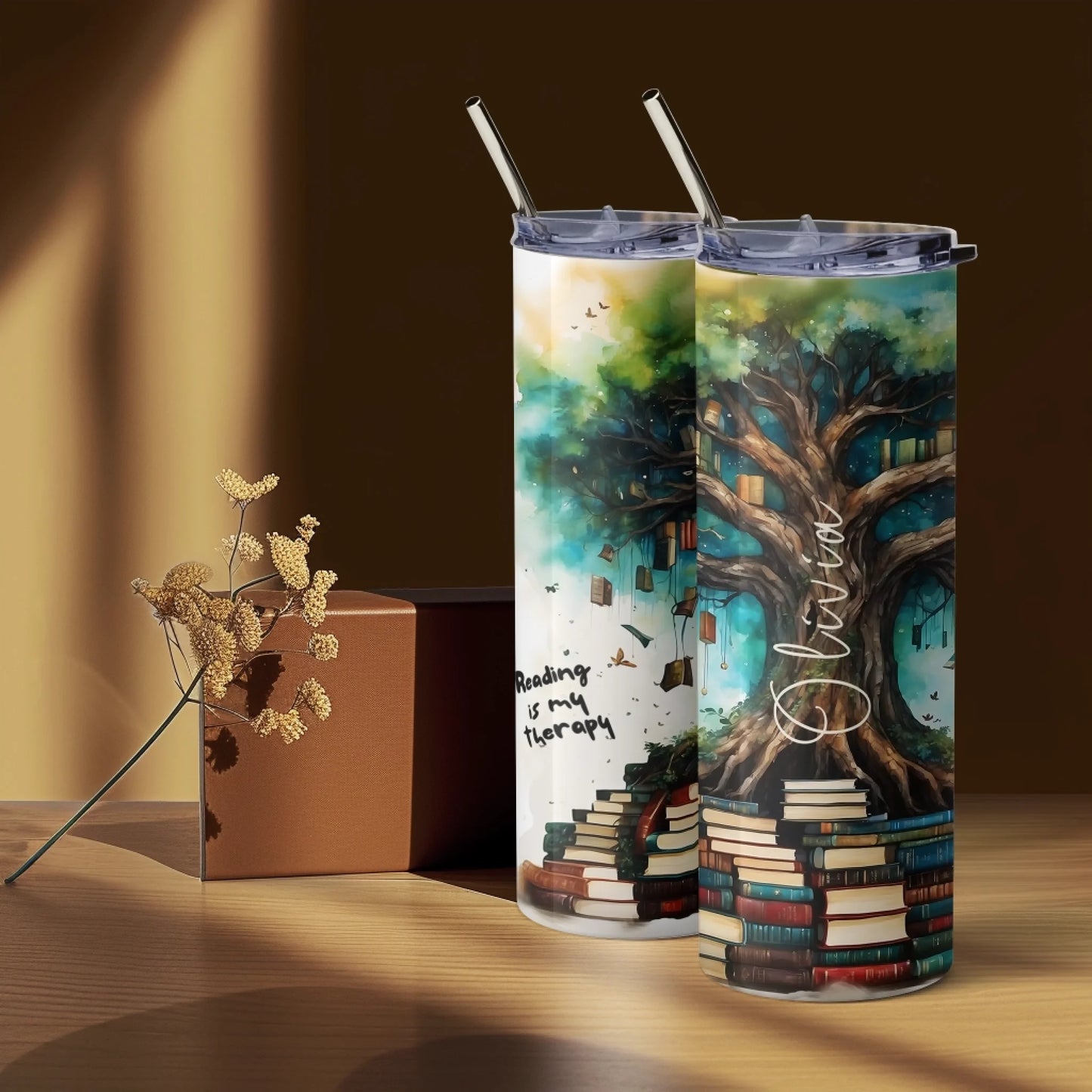 white travel cup with book print